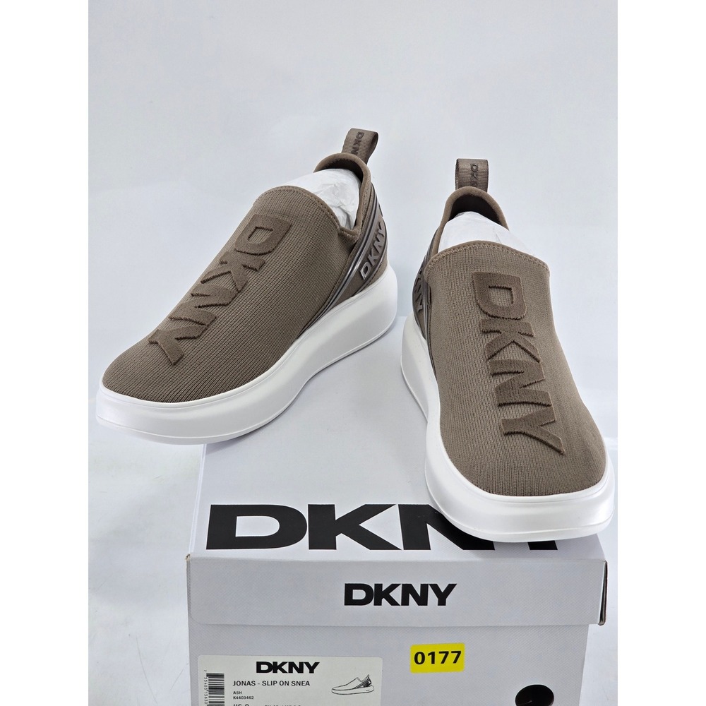 DKNY Jonas Slip On Sneaker Womens Size 9 Ash Brown Knit Logo - New